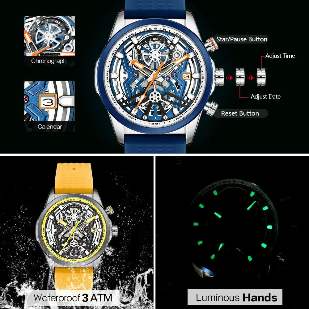 MEGIR sport chronograph features graphic with chronograph calendar waterproof and luminous panels