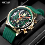 MEGIR sport chronograph quartz watch with green skeleton dial and gold case