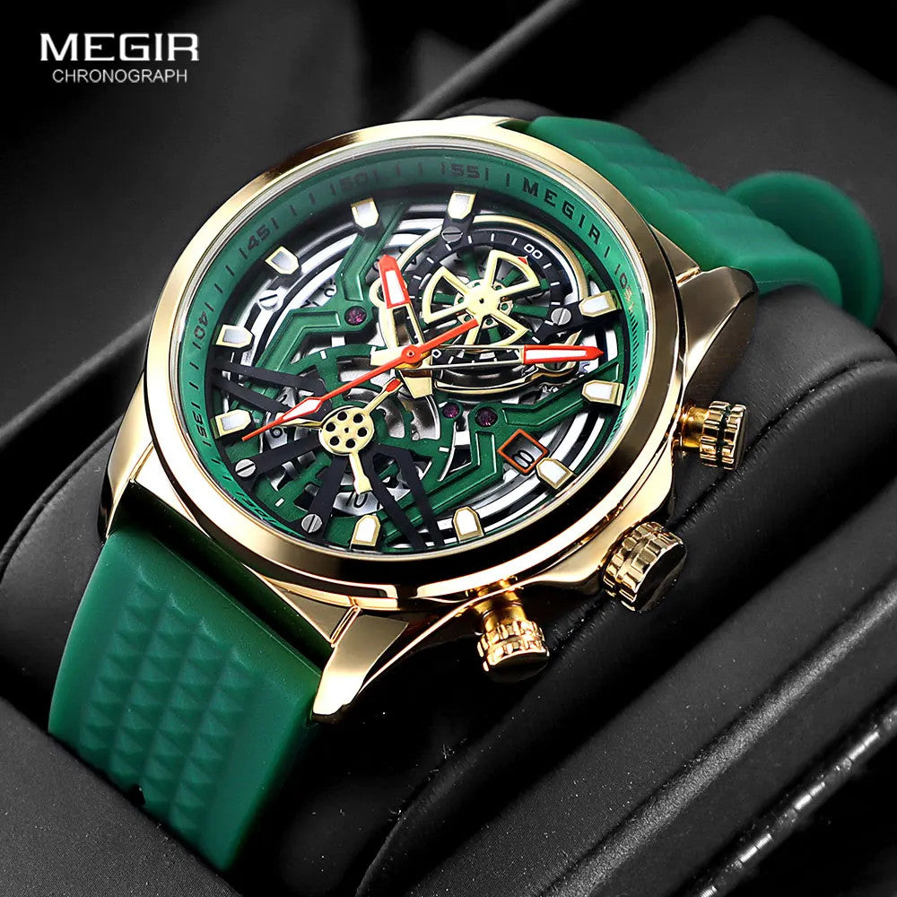 MEGIR sport chronograph quartz watch with green skeleton dial and gold case