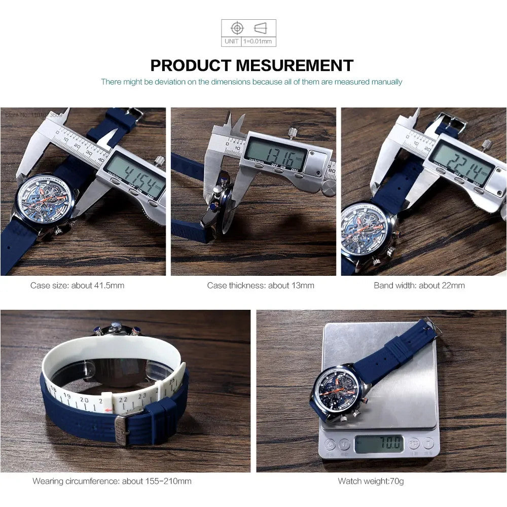 MEGIR sport chronograph measurements graphic showing case size 41.5mm thickness 13mm and band 22mm