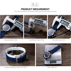 MEGIR sport chronograph measurements graphic showing case size 41.5mm thickness 13mm and band 22mm