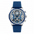 MEGIR sport chronograph watch with silver case blue skeleton dial and blue silicone strap