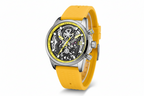 MEGIR sport chronograph watch with silver case yellow skeleton dial and yellow silicone strap angled view