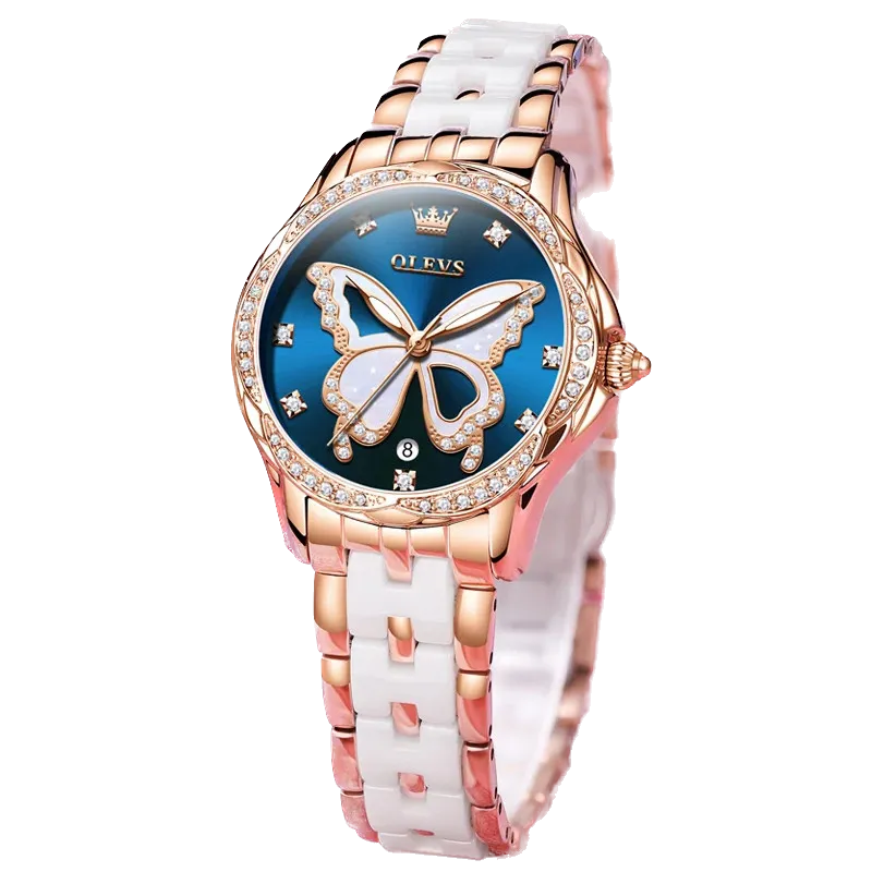 OLEVS butterfly diamond watch with rose gold case blue dial and ceramic bracelet front view