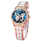 OLEVS butterfly diamond watch with rose gold case blue dial and ceramic bracelet front view