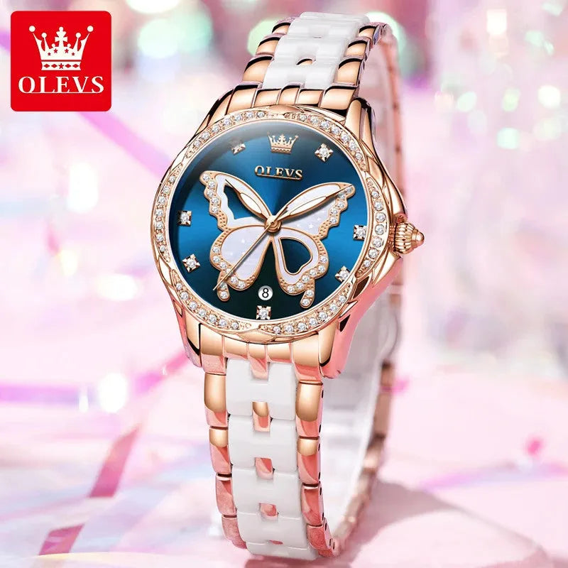 OLEVS luxury butterfly diamond womens watch with blue dial and rose gold ceramic bracelet