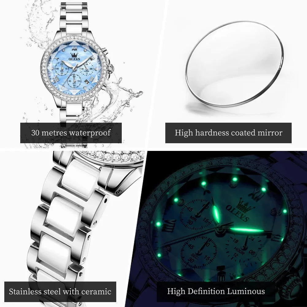 OLEVS Luxury Rhombus Mirror Women's Chronograph Watch, shown on wrist