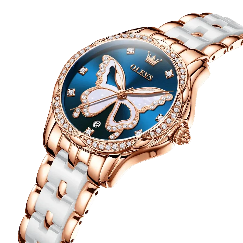 OLEVS Luxury Butterfly Diamond Rose Gold Women's Watch with blue dial