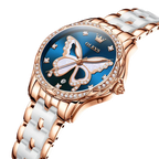OLEVS Luxury Butterfly Diamond Rose Gold Women's Watch with blue dial