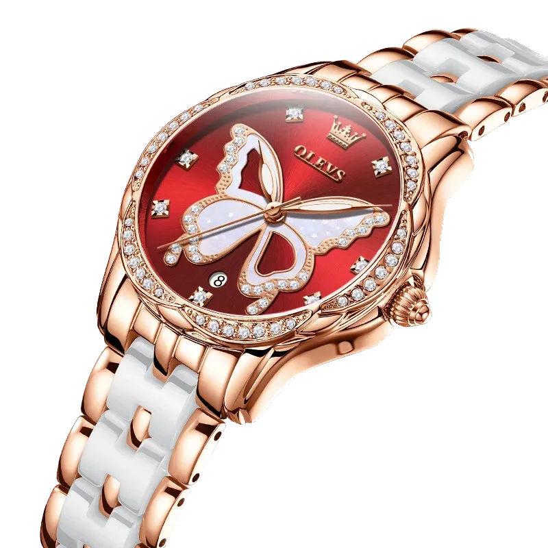 OLEVS Luxury Butterfly Diamond Rose Gold Women's Watch with red dial, shown on wrist