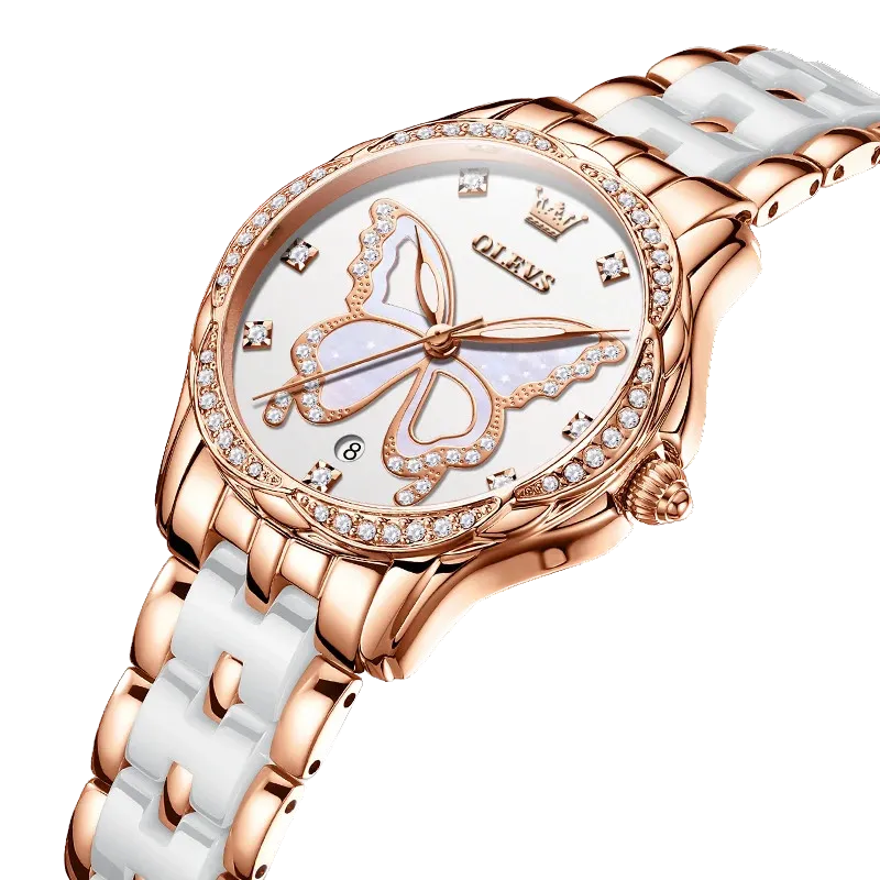 OLEVS Luxury Butterfly Diamond Rose Gold Women's Watch with white dial, lifestyle shot
