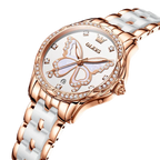 OLEVS Luxury Butterfly Diamond Rose Gold Women's Watch with white dial, lifestyle shot