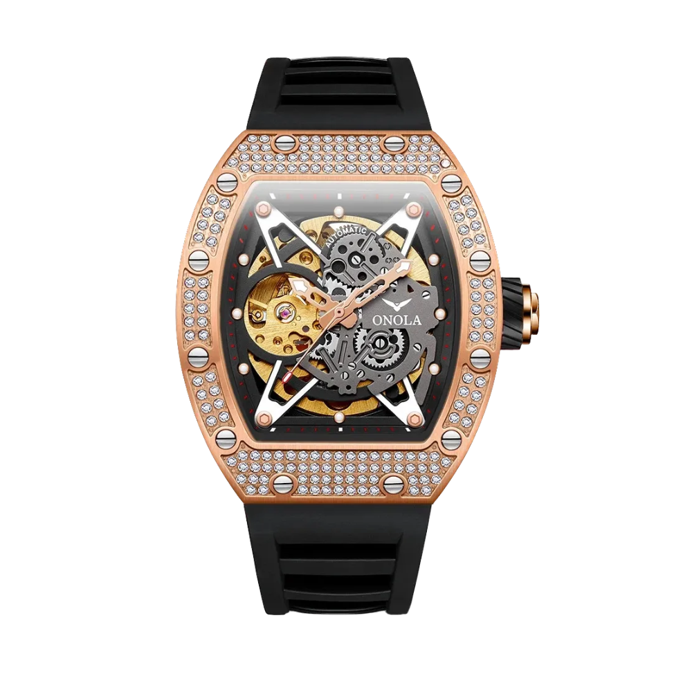 ONOLA ON3838D skeleton automatic watch with rose gold diamond case and black rubber strap
