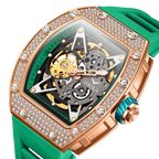 ONOLA ON3838D skeleton automatic watch with rose gold diamond case and green rubber strap front