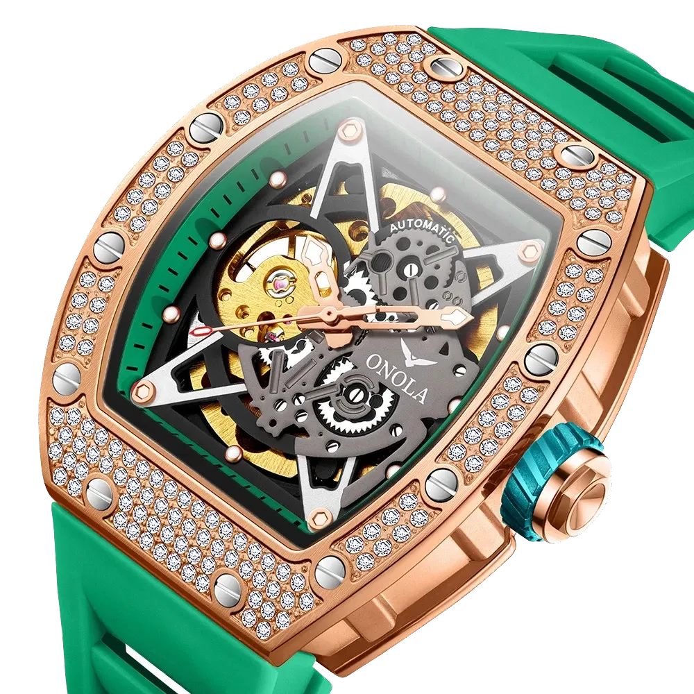 ONOLA ON3838D skeleton automatic watch with rose gold diamond case and green rubber strap front
