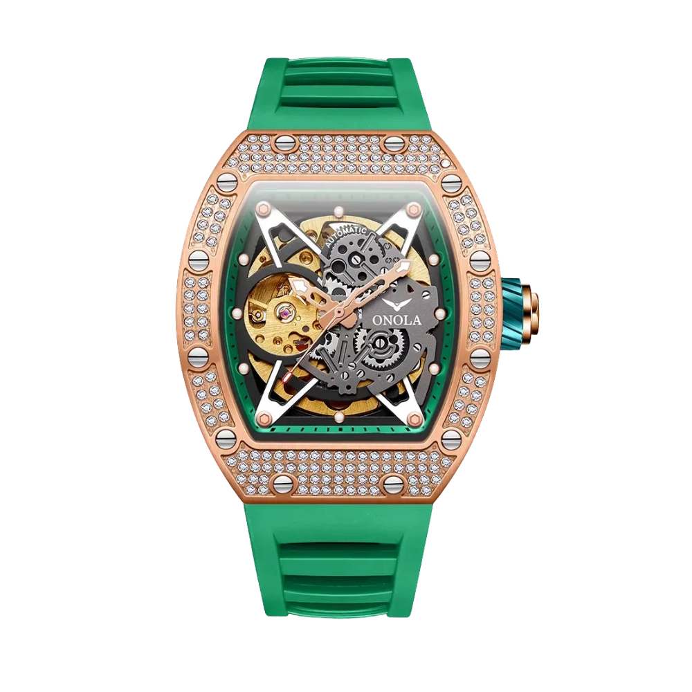 ONOLA ON3838D skeleton automatic watch with rose gold diamond case and green rubber strap