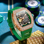ONOLA ON3838D skeleton watch with rose gold case and green rubber strap with casino props