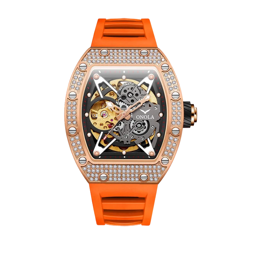 ONOLA ON3838D skeleton automatic watch with rose gold diamond case and orange rubber strap