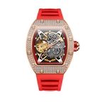 ONOLA ON3838D skeleton automatic watch with rose gold diamond case and red rubber strap