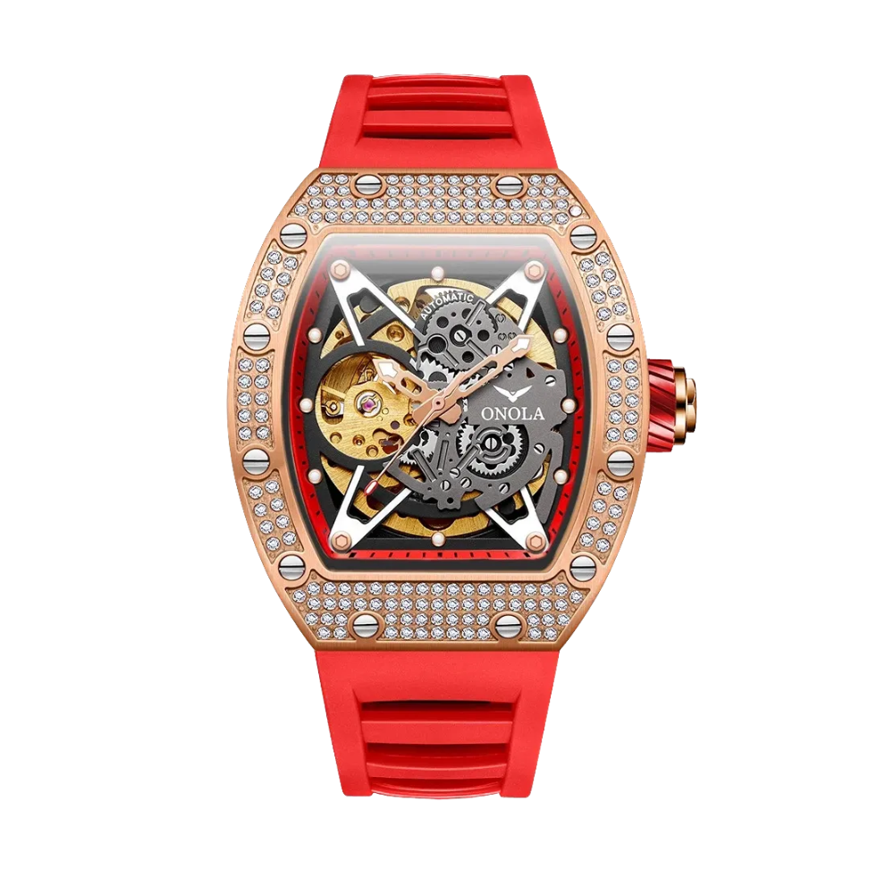 ONOLA ON3838D skeleton automatic watch with rose gold diamond case and red rubber strap