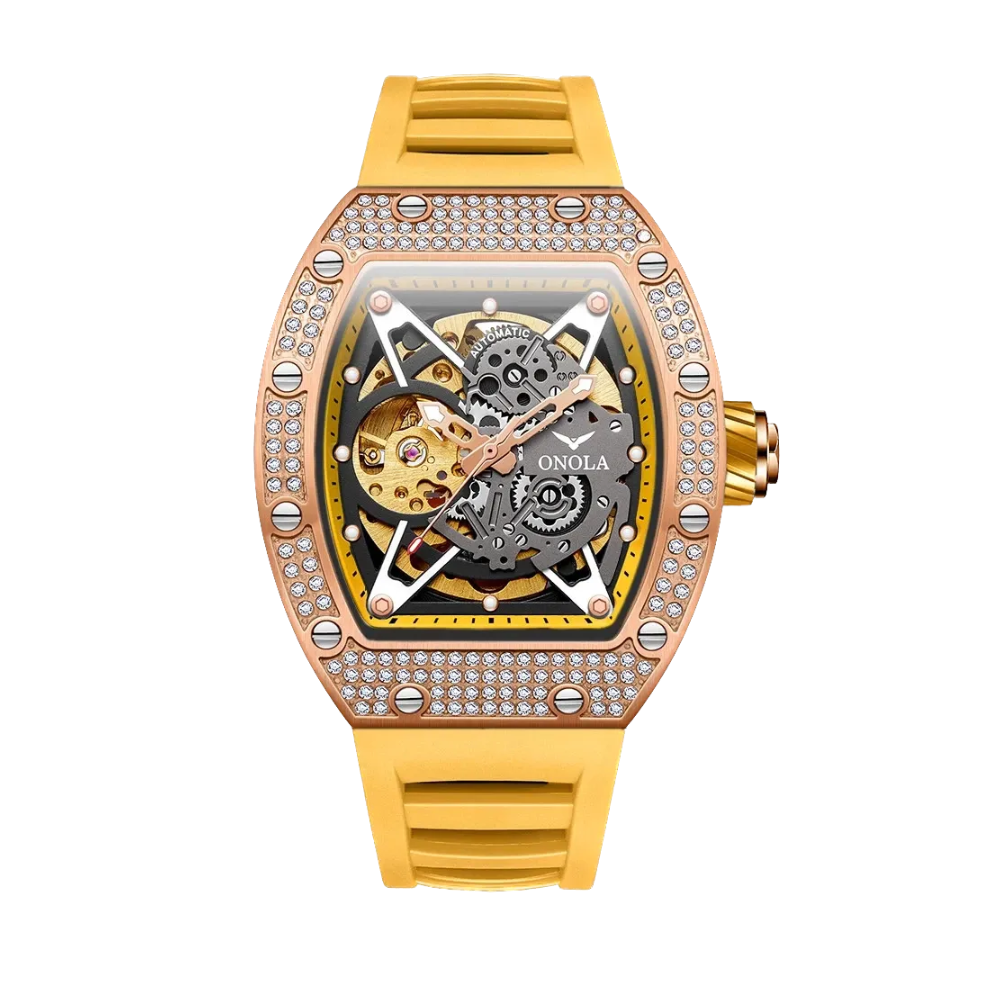 ONOLA ON3838D skeleton automatic watch with rose gold diamond case and yellow rubber strap