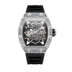 ONOLA ON3838D skeleton automatic watch with silver diamond case and black rubber strap