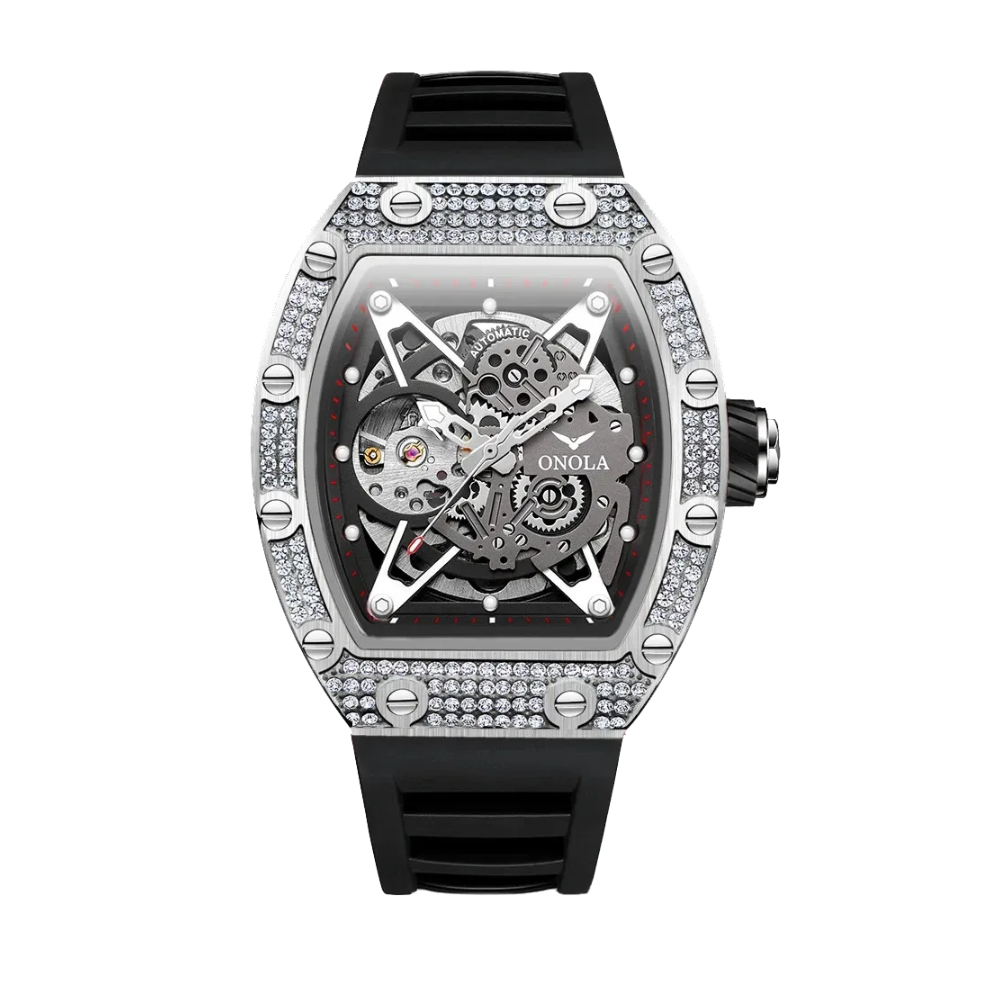 ONOLA ON3838D skeleton automatic watch with silver diamond case and black rubber strap