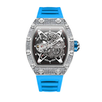 ONOLA ON3838D skeleton automatic watch with silver diamond case and blue rubber strap