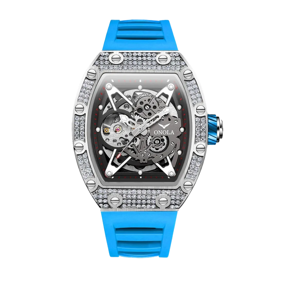 ONOLA ON3838D skeleton automatic watch with silver diamond case and blue rubber strap