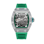 ONOLA ON3838D skeleton automatic watch with silver diamond case and green rubber strap
