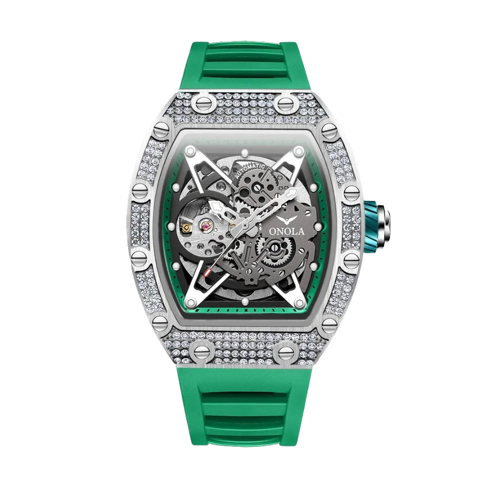 ONOLA ON3838D skeleton automatic watch with silver diamond case and green rubber strap