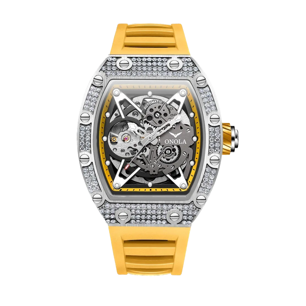 ONOLA ON3838D skeleton automatic watch with silver diamond case and yellow rubber strap
