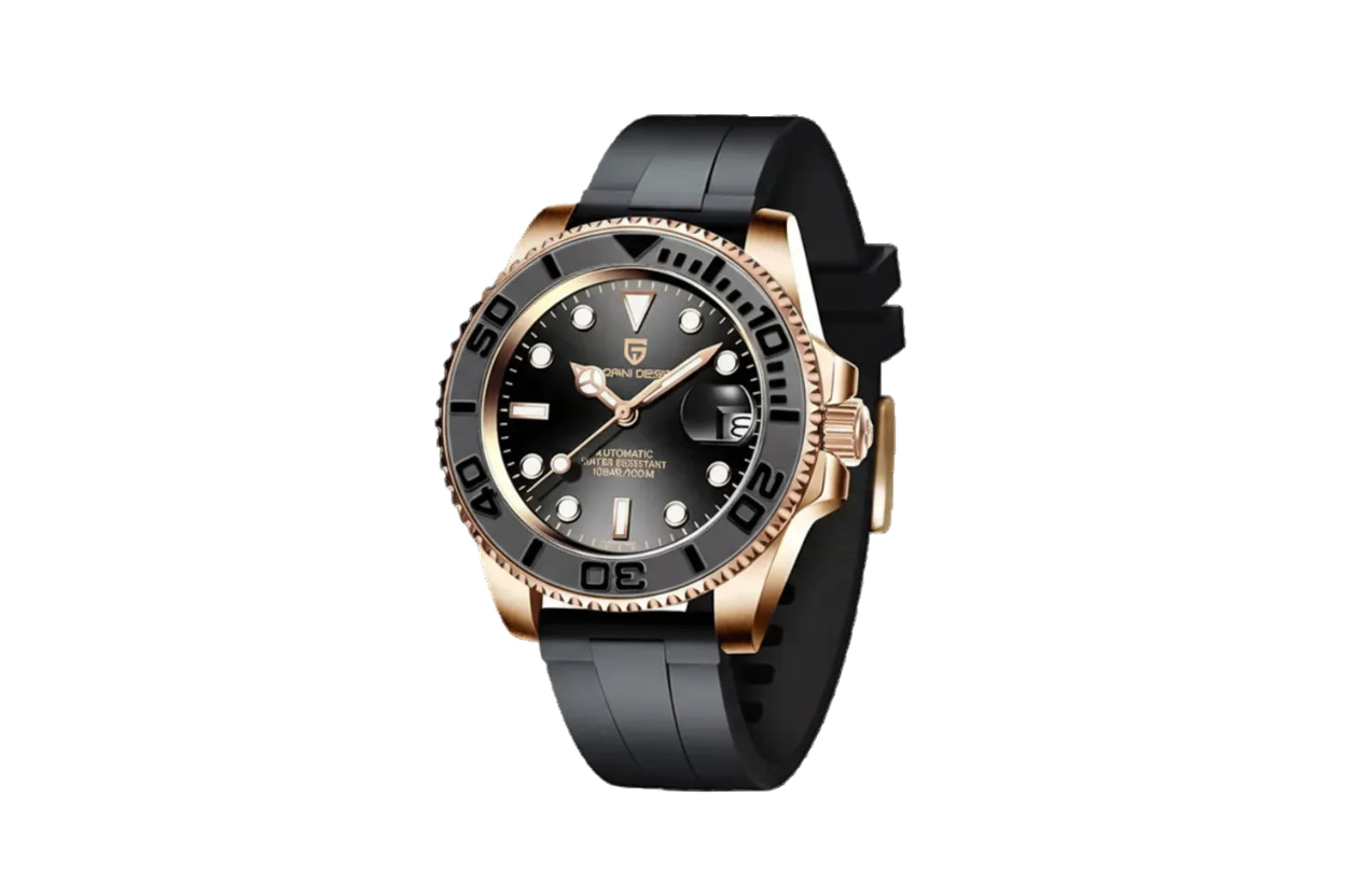 PAGANI DESIGN PD-1651 with rose gold black dial, angled view