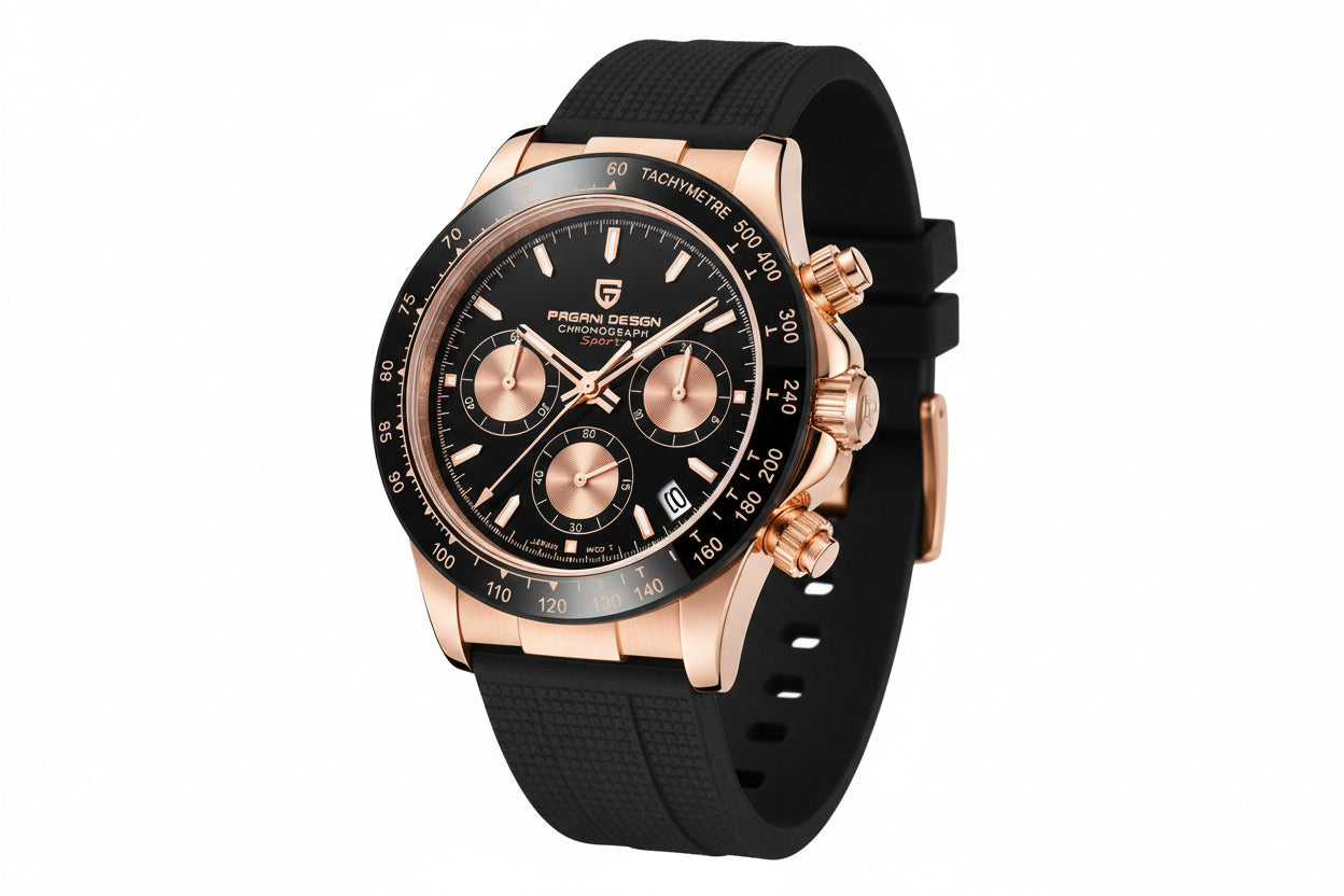 PAGANI DESIGN PD-1664, Rubber Strap, DAYTONA Chronograph with gold black dial, shown on wrist