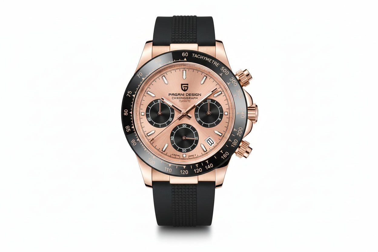 PAGANI DESIGN PD-1664, Rubber Strap, DAYTONA Chronograph with gold dial, clasp detail