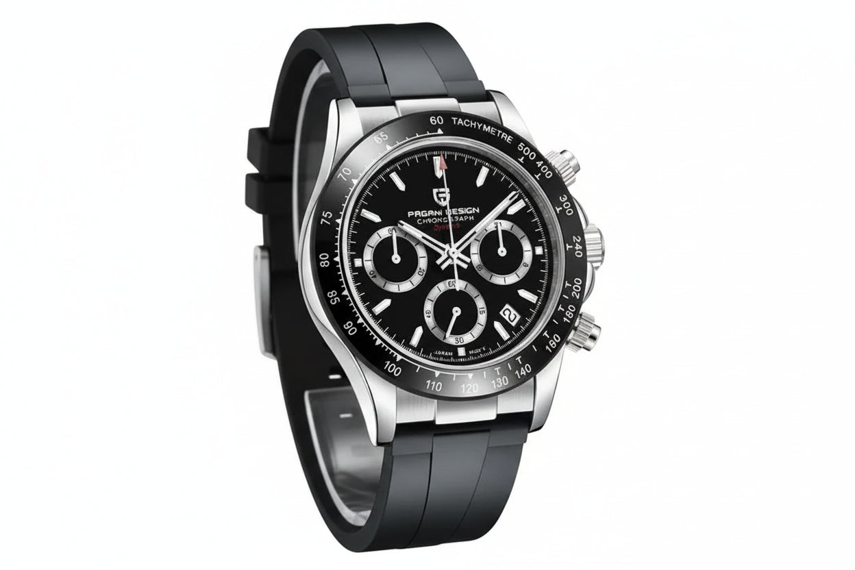 PAGANI DESIGN PD-1664, Rubber Strap, DAYTONA Chronograph with rubber black dial, side view