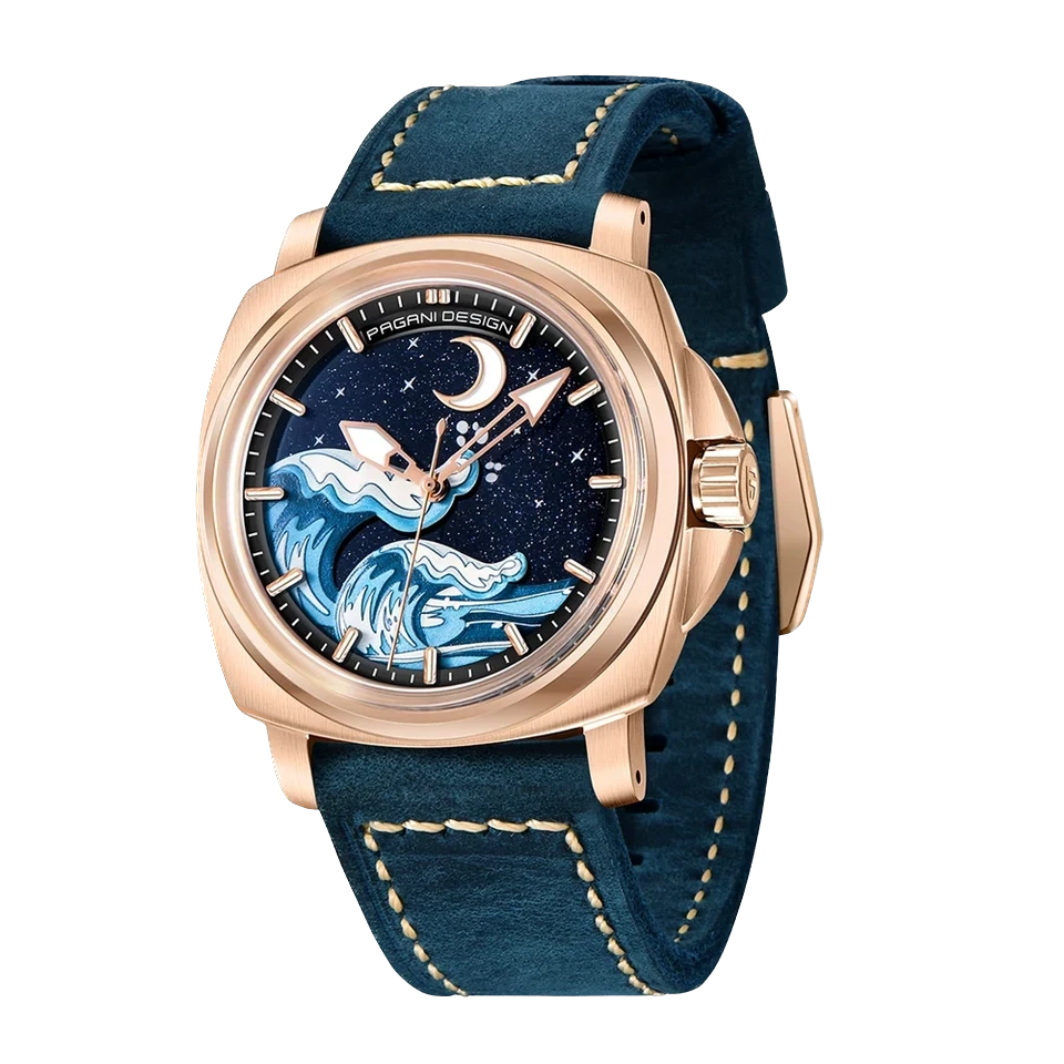 Front view of Pagani Design H35A automatic mechanical watch with blue wave dial, rose gold case, and dark blue suede strap.
