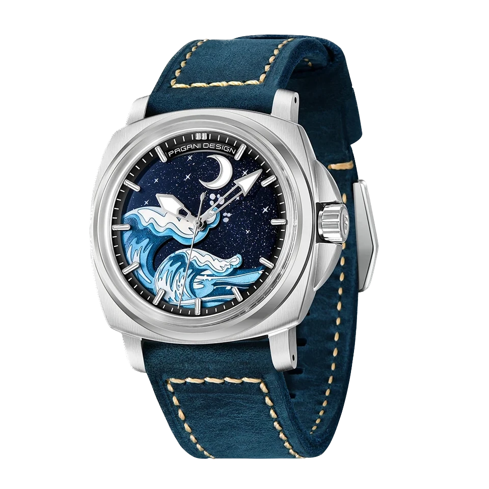 Front view of Pagani Design H35A automatic mechanical watch with blue wave dial, silver case, and dark blue suede strap.