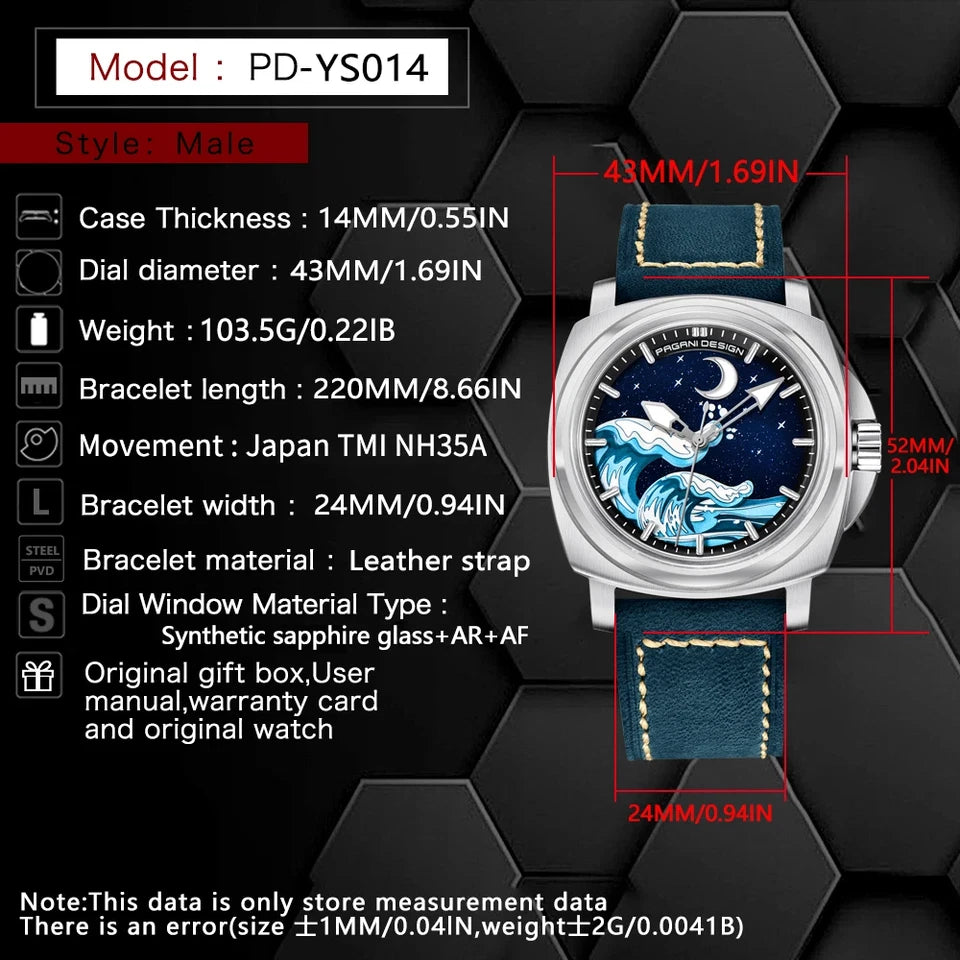 Specification chart for Pagani Design H35A automatic mechanical watch featuring a blue wave dial, silver case and dark blue suede strap. The chart lists measurements such as case thickness 14 mm, dial diameter 43 mm, weight 103.5 g, bracelet length 220 mm, movement Japan TMI NH35A, bracelet width 24 mm, and materials.