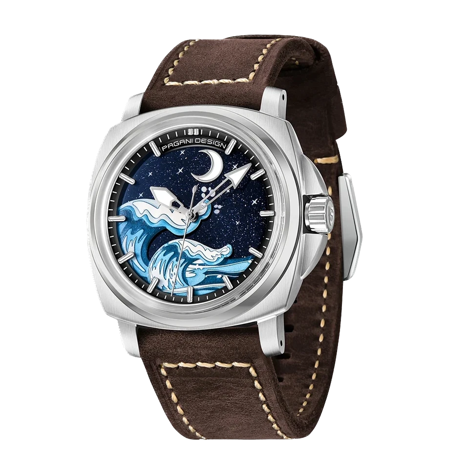 Front view of Pagani Design H35A automatic mechanical watch with blue wave dial, stainless steel case, and brown leather strap.