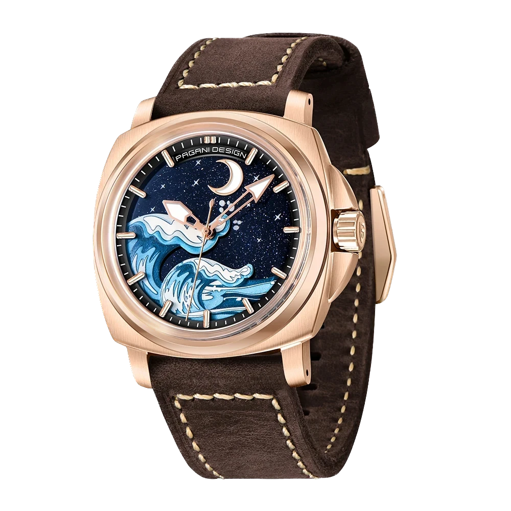Front view of Pagani Design H35A automatic mechanical watch with blue wave dial, rose gold case, and brown leather strap.