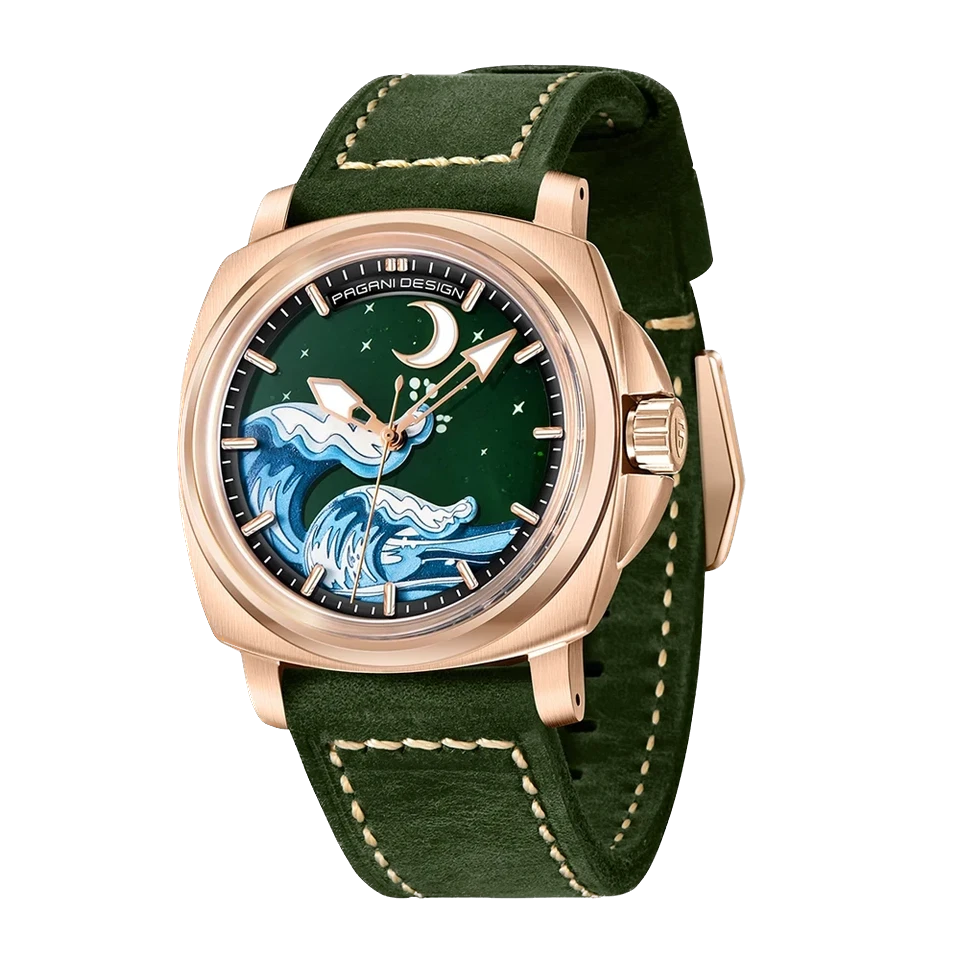 Front view of Pagani Design H35A automatic mechanical watch with green wave dial, rose gold case, and dark green suede strap.