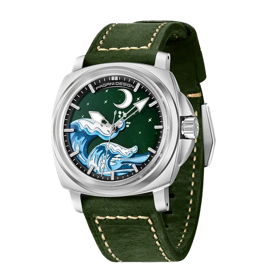 Front view of Pagani Design H35A automatic mechanical watch with green wave dial, silver case, and dark green suede strap.