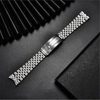 PAGANI DESIGN 20mm stainless steel jubilee bracelet laid flat showing folding clasp