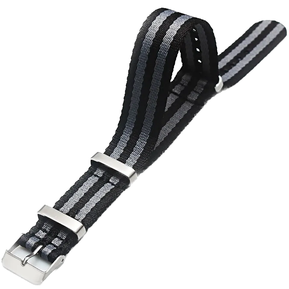 PAGANI DESIGN 20mm nylon NATO strap in black and grey stripes with silver buckle close-up