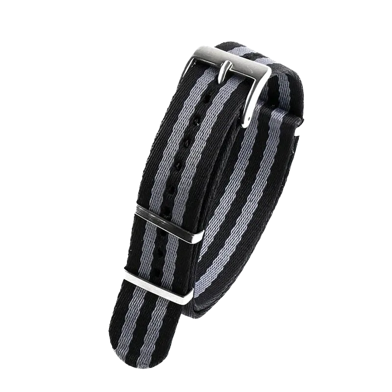 PAGANI DESIGN 20mm nylon NATO strap in black and grey stripes, front view