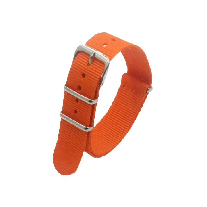 PAGANI DESIGN 20mm nylon NATO strap in orange with silver buckle, detail view