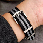 PAGANI DESIGN 20mm nylon NATO strap closeup with silver buckle on wrist over denim