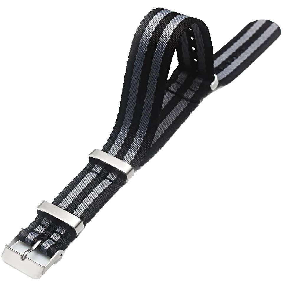 Black and grey striped nylon watch strap by Pagani Design, 20mm width, rolled and buckled replacement band.