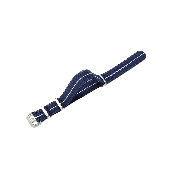 Dark blue nylon watch strap with white stripes by Pagani Design, 20mm width replacement band.